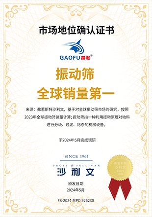 弗若斯特沙利文授予草莓视频下载网址机械“振动筛全球销量第一” 市场地位确认证书